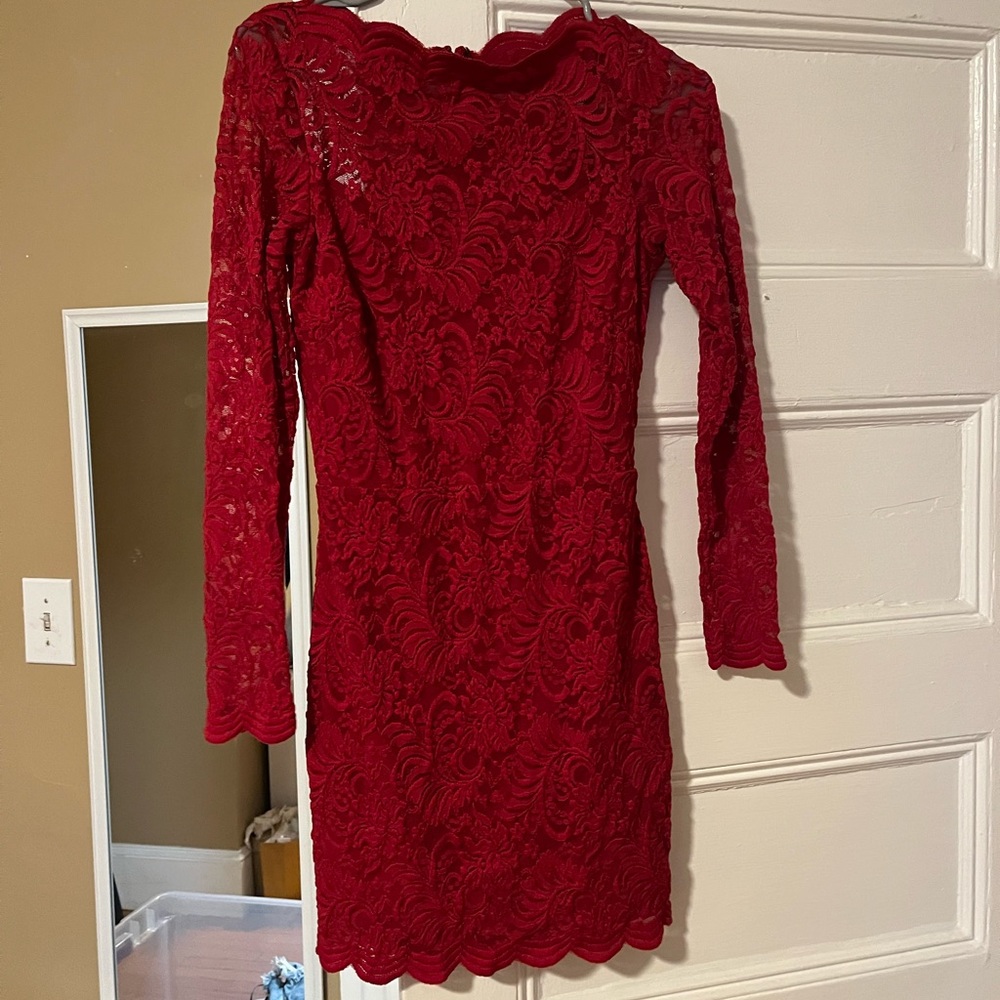 BEBE Red Lace Long Sleeve Dress